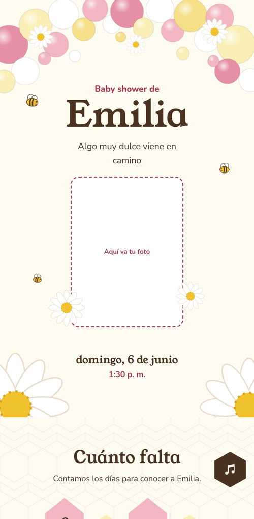 Ejemplo de invitación de baby shower en crema y rosa, con guirnalda de globos, margaritas, abejitas y un marco para la foto.