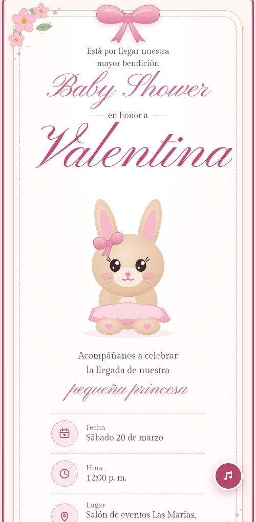 Ejemplo de invitación de baby shower en rosa y dorado, con caligrafía, una conejita y un moño de raso en la cabecera.