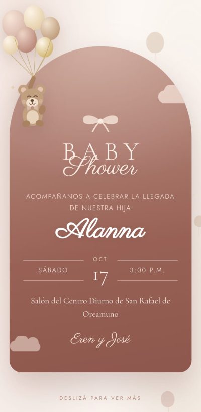 Portada de la invitación de baby shower de Alanna, en tonos terracota con globos y un osito.
