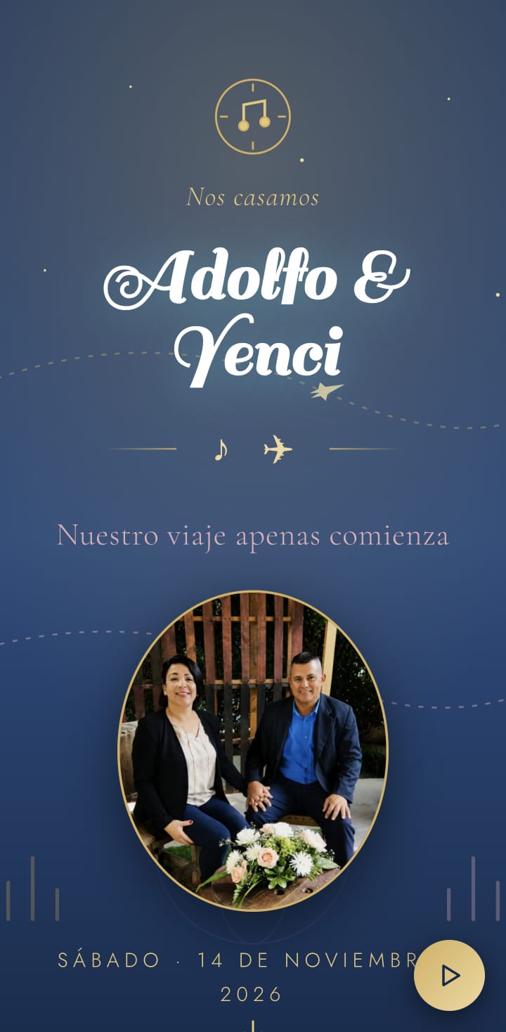 Portada de la invitación de boda de Adolfo y Yenci, en azul y dorado, con la fotografía de la pareja y motivos de música y viaje.