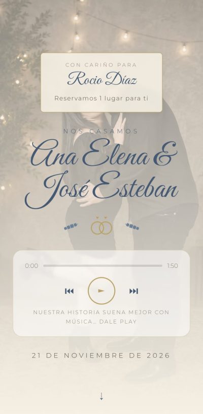 Portada de la invitación de boda de Ana Elena y José Esteban, con el saludo personalizado al invitado y los pases reservados para esa persona.