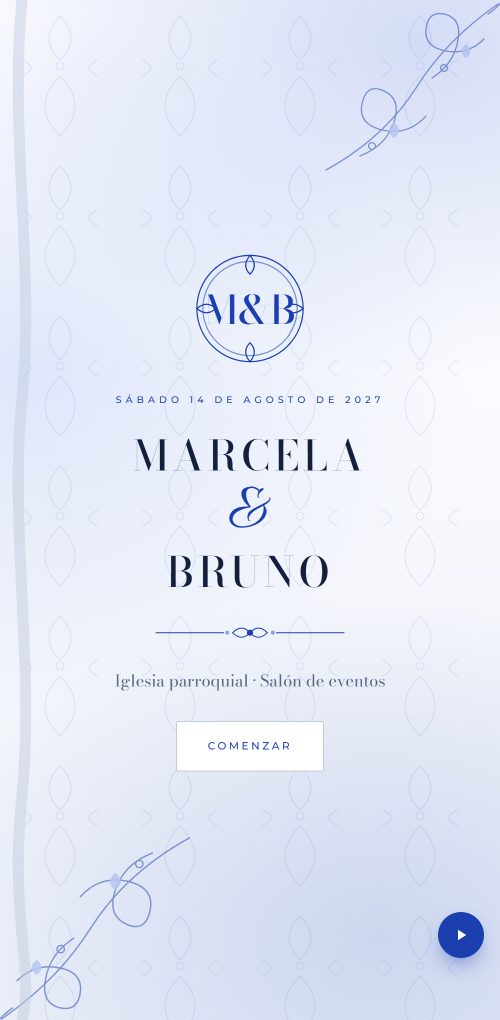 Ejemplo de invitación de boda formal en azul rey y blanco, con monograma, filigranas y el nombre de los novios en tipografía Bodoni.