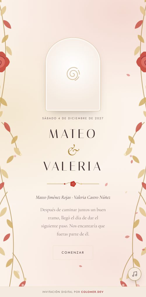 Ejemplo de invitación de boda sobre papel crema, con enredaderas de rosas rojas y doradas a los lados y el espacio rotulado para la foto.