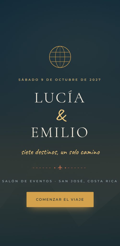 Ejemplo de invitación de boda con temática de viajes: un globo terráqueo dorado sobre fondo azul noche y el botón para comenzar el viaje.