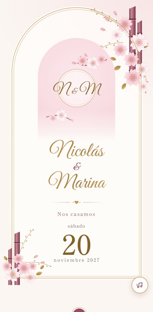 Ejemplo de invitación de boda de inspiración japonesa, con flores de cerezo, bambú y un monograma dorado dentro de un arco.