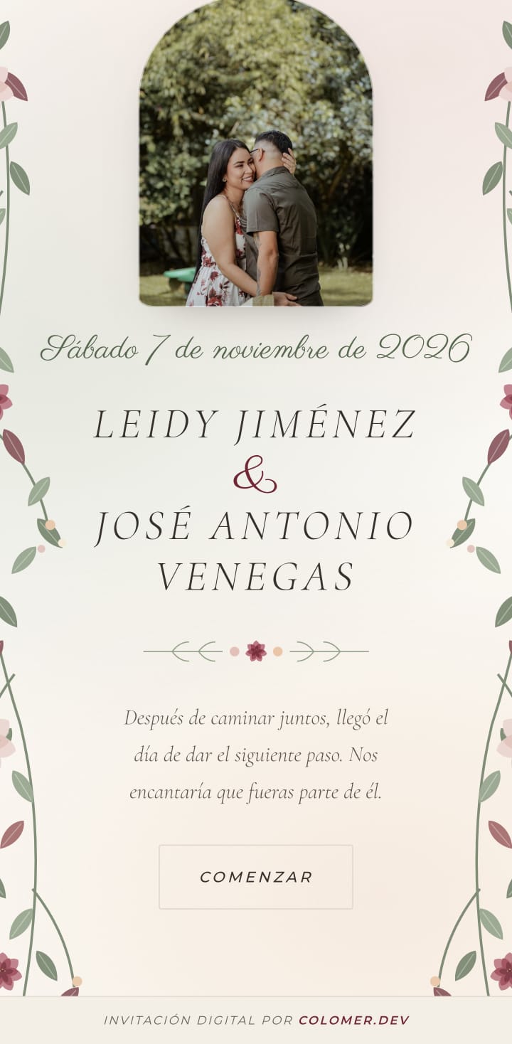 Portada de la invitación de boda de Leidy y José Antonio, sobre papel claro con flores en rosa y verde, con la fotografía de la pareja.