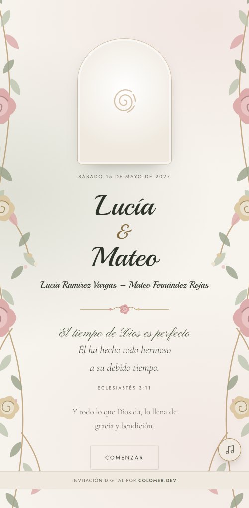 Ejemplo de invitación de boda en oliva y champán mate sobre marfil, con enredaderas de rosas en rosa palo y salvia y un sello con monograma.