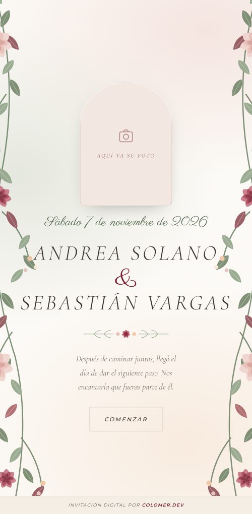 Ejemplo de invitación de boda sobre papel claro, con flores en rosa palo y verde salvia y el espacio rotulado donde va la foto de la pareja.