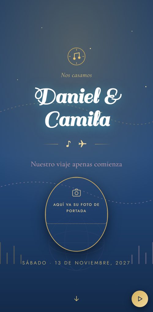 Ejemplo de invitación de boda en azul y dorado con motivos de música y viaje, y el espacio rotulado donde va la foto de la pareja.