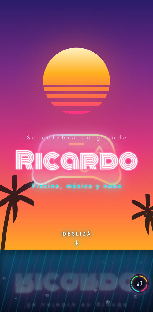 Ejemplo de invitación de cumpleaños: un letrero de neón con el nombre sobre un atardecer con palmeras y una piscina al pie.