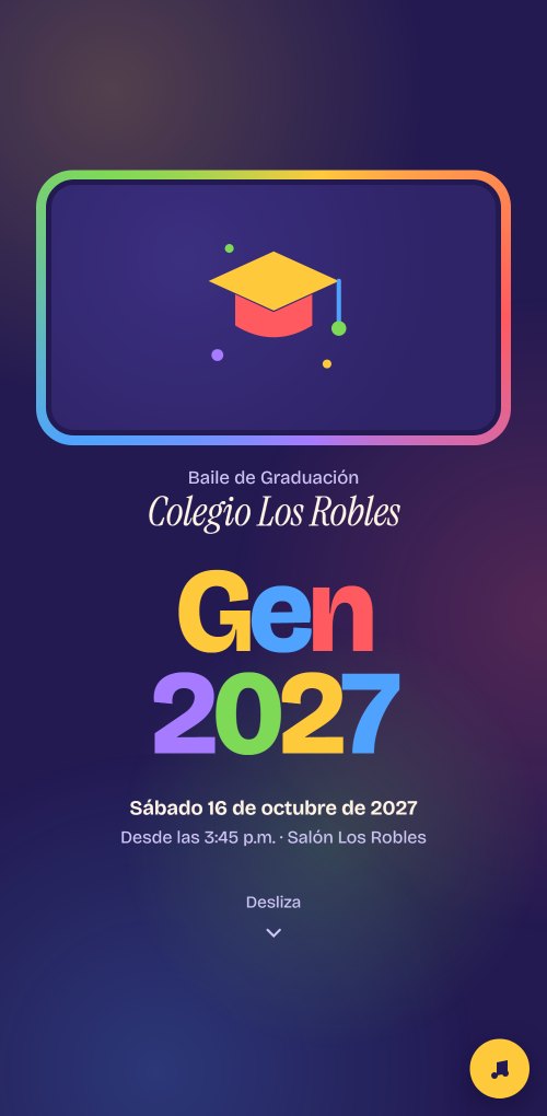 Ejemplo de invitación de baile de graduación en morado noche, con un birrete y el año de la generación en colores.