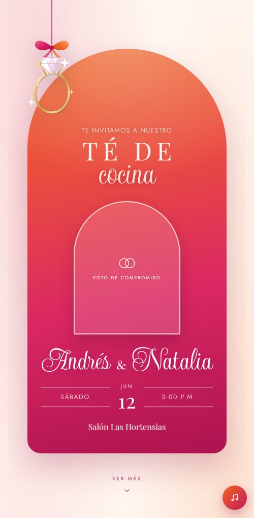 Ejemplo de invitación de té de cocina en coral y fucsia, con un anillo de compromiso colgando y el marco rotulado donde va la foto.