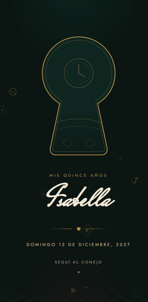 Ejemplo de invitación de XV años con temática de Alicia en el país de las maravillas: una cerradura dorada con un reloj, en verde oscuro.