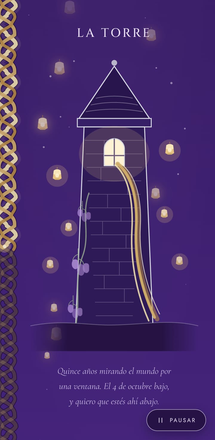 Invitación de XV años de Aynara, con temática Rapunzel: una torre de piedra iluminada y linternas flotando en un cielo morado.