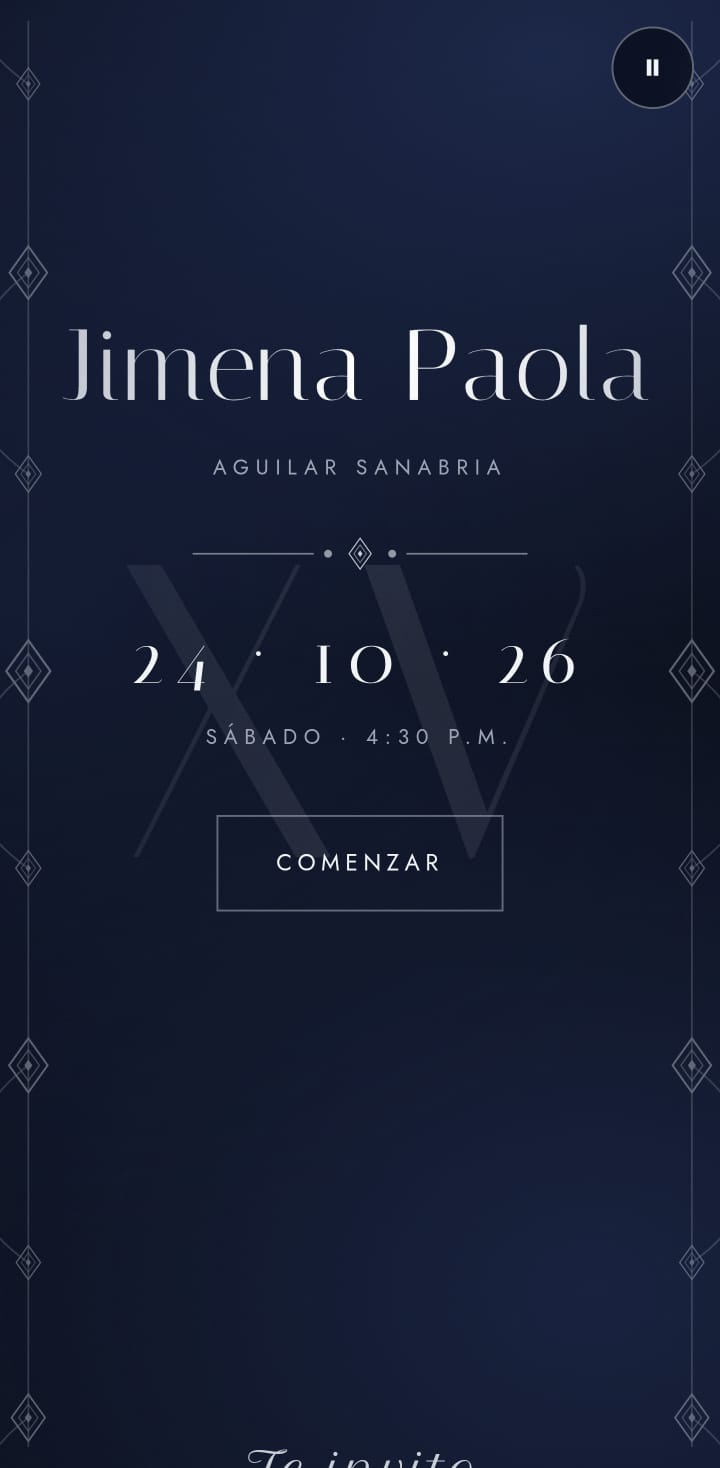 Portada de la invitación de XV años de Jimena Paola, en azul noche y plata, con la fecha del evento.