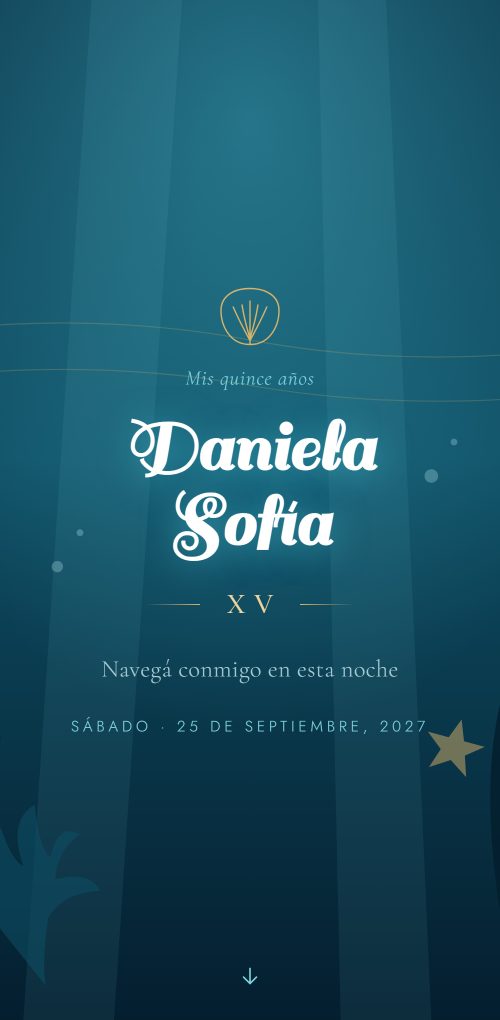 Ejemplo de invitación de XV años con temática bajo el mar, en azules y dorado, con rayos de luz atravesando el agua.