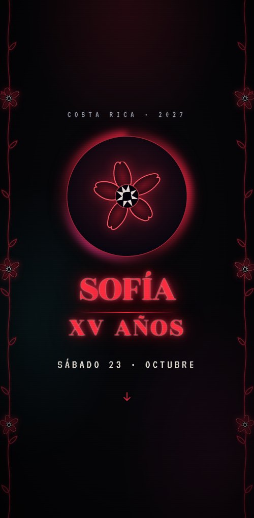 Ejemplo de invitación de XV años en neón rojo sobre negro, con un portal circular iluminado y enredaderas a los lados.