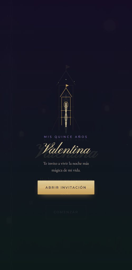 Ejemplo de invitación de XV años con temática de cuento: una torre iluminada y linternas flotantes sobre un cielo nocturno.