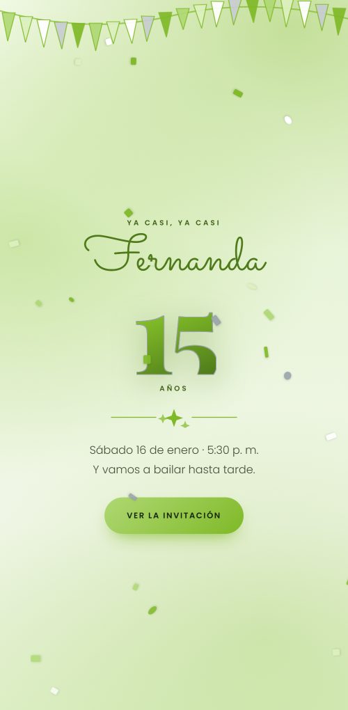 Ejemplo de invitación de XV años en verde y blanco, con banderines y confeti y un gran número quince.